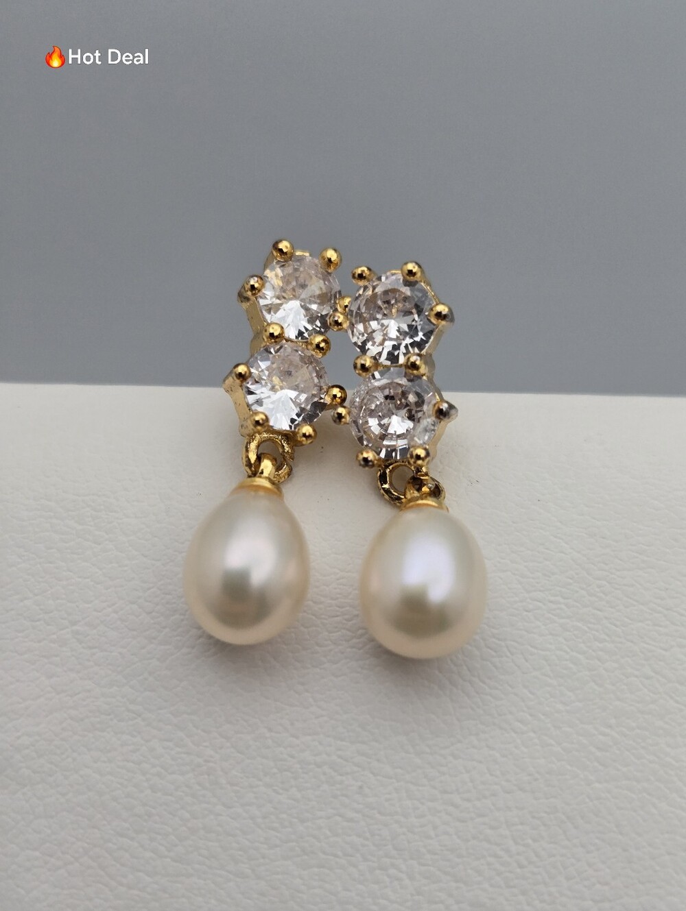 Gold Bridal Pearl Drop Earrings CZ Crystal Cluster Teardrop Pearls Wedding 1"